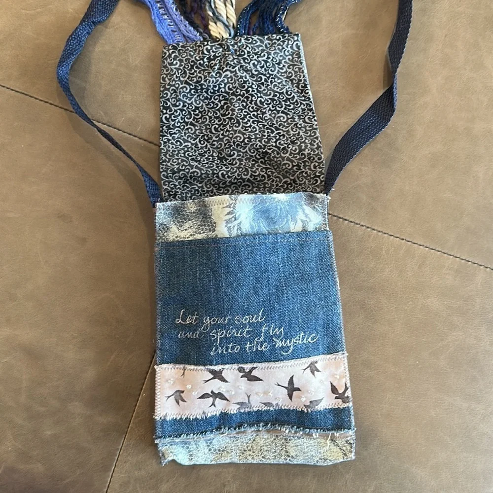 Cloth & Denim Blue Handmade Beaded Fringed  Positve Message Crossbody Bag